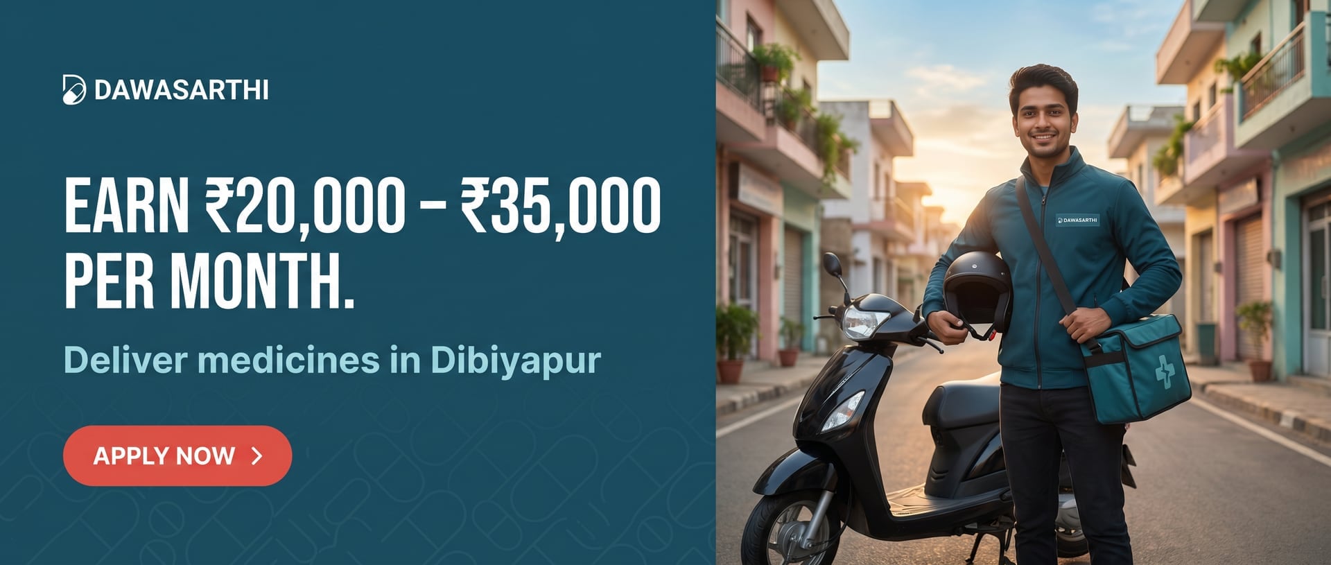 A Dawasarthi delivery rider standing beside their scooter in a Dibiyapur street at golden hour, holding a helmet, with a teal medical-cross delivery bag.